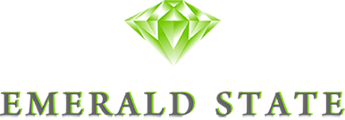 The logo for emerald state is a green diamond on a white background.