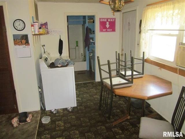 A room with a table and chairs and a sign that says one way