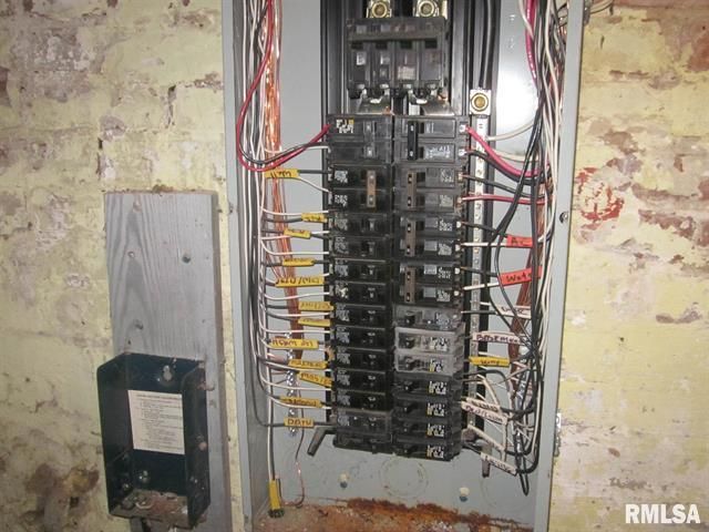 A very old electrical panel with a lot of wires coming out of it