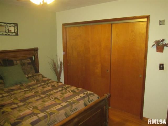 Bedroom with bed, closet, and light green walls. Wooden bed frame and sliding closet doors.