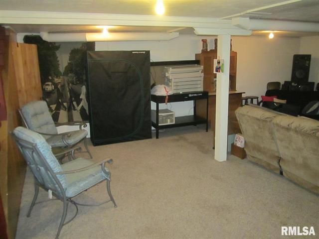 Basement with seating area, black storage, and an area with a desk and other objects.