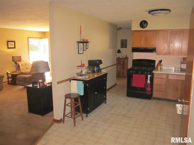 Kitchen and living room with a black island, stove, and light-colored cabinets. Brown carpet in the living room.