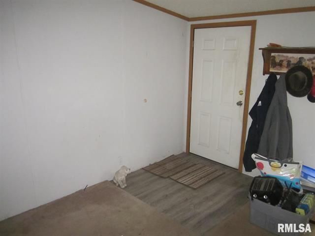 An interior room with a white door, clothes hanging, and a small rug