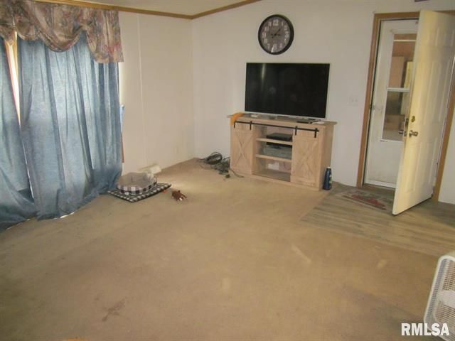 Living room with beige carpet, TV, light wood cabinet, open door, and blue curtain