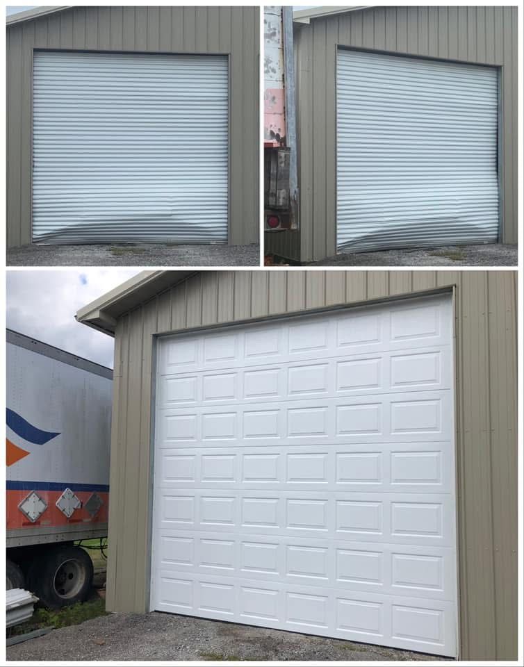 Damaged metal garage door bulging out in two images, and a new, white paneled garage door in a third image.