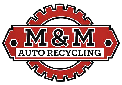 M&M Auto Recycling logo in red, black, and white with a gear and bold lettering