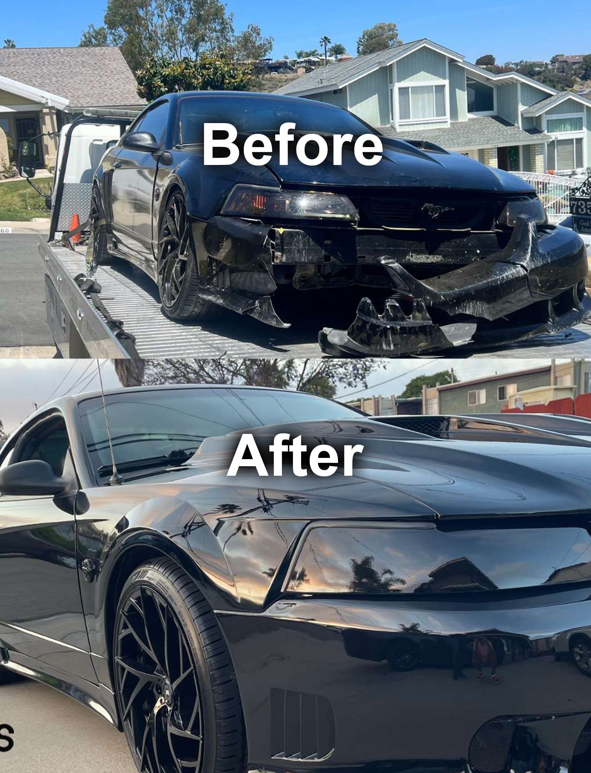 A before and after picture of a black mustang on a tow truck.
