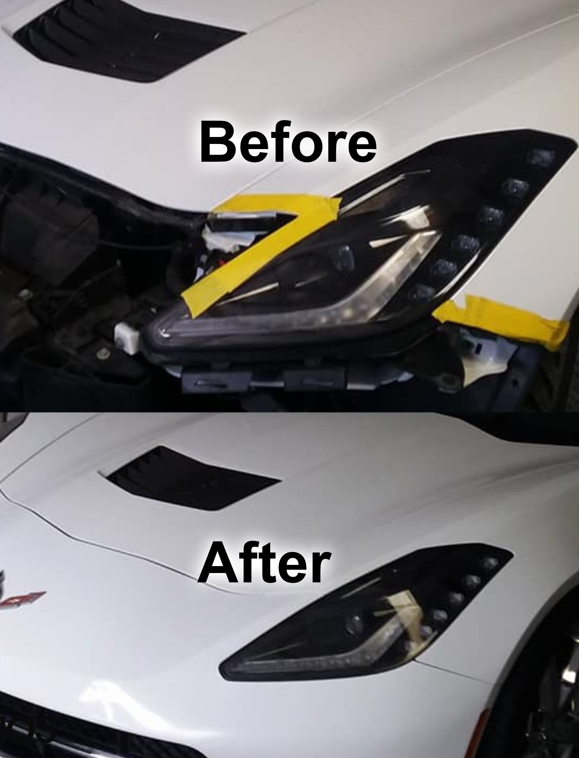 A before and after picture of a white car