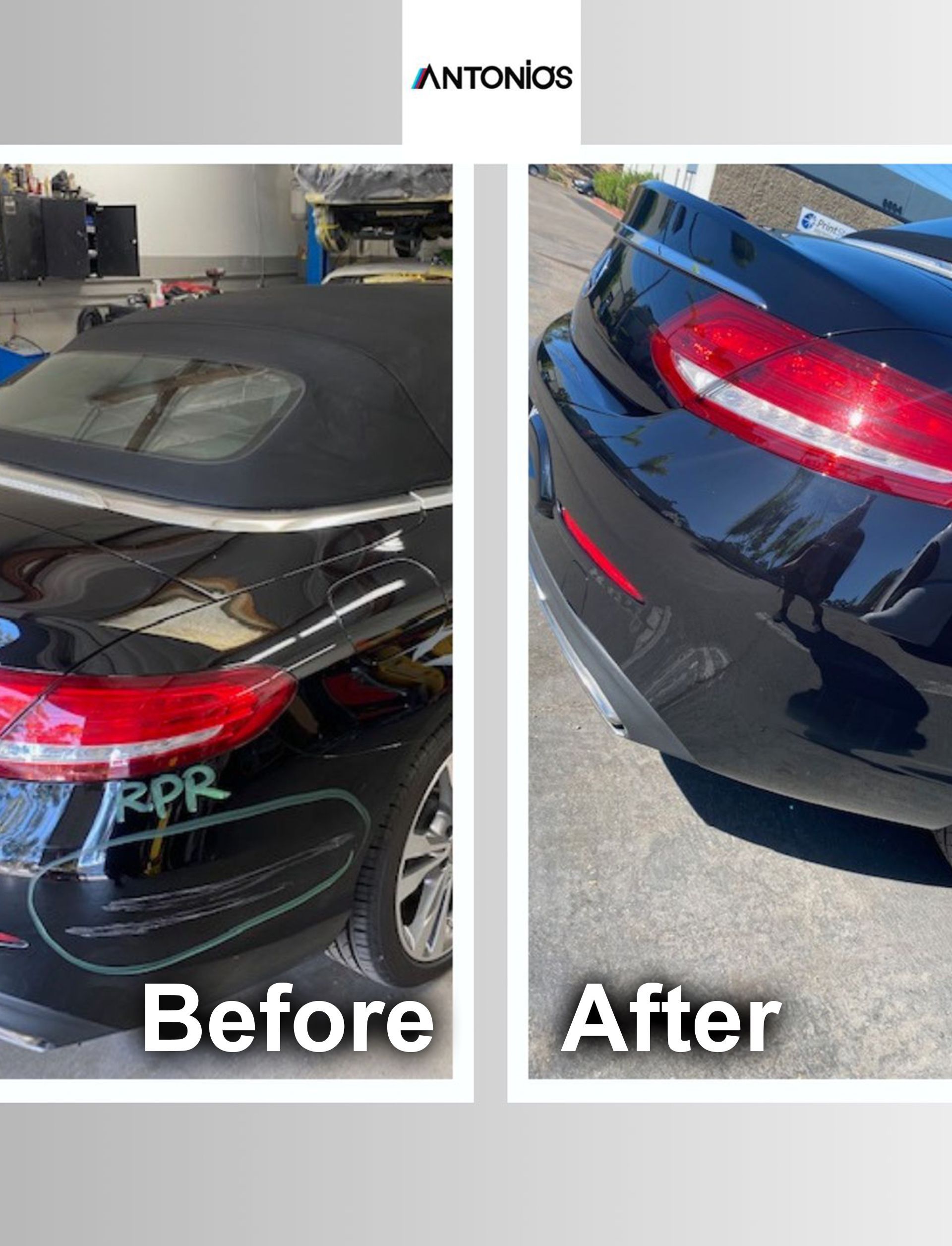 A before and after picture of a black convertible car.