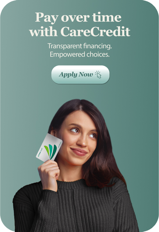 CareCredit ad with woman holding card on teal background and “Apply Now” button