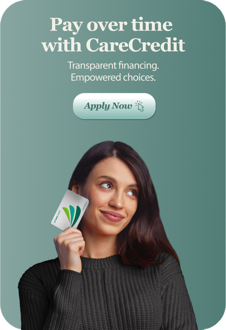 CareCredit ad with woman holding card on teal background and “Apply Now” button