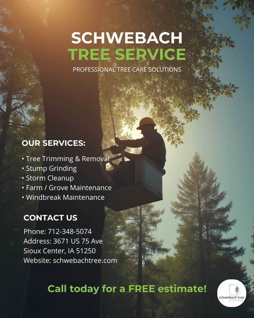 Advertisement for Schwebach Tree Service, featuring a worker in a lift trimming a tree. Services listed; contact info provided.