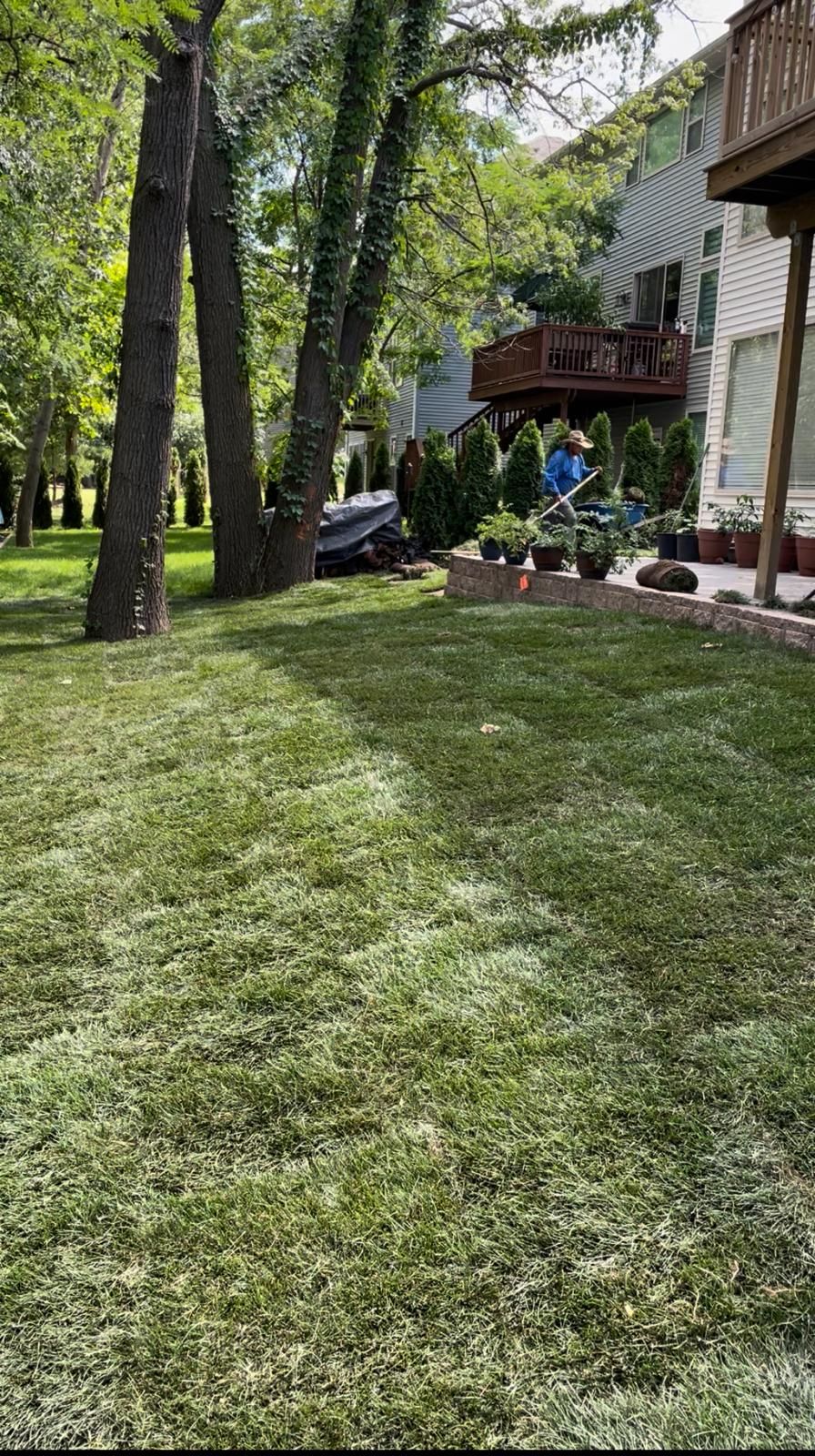 A person in a blue shirt mows a lawn near a house, trees, and a wooden deck.
