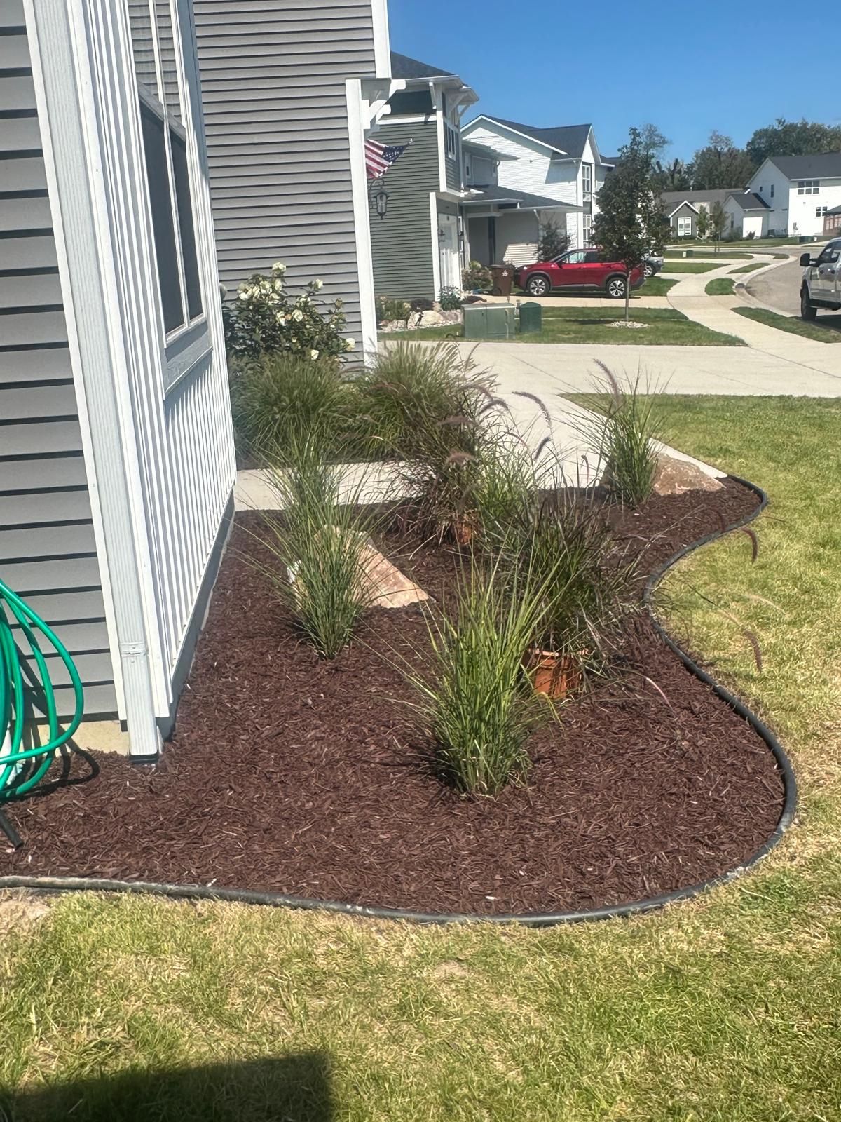 A freshly mulched residential garden bed featuring ornamental grasses along the side of a house on a sunny day.