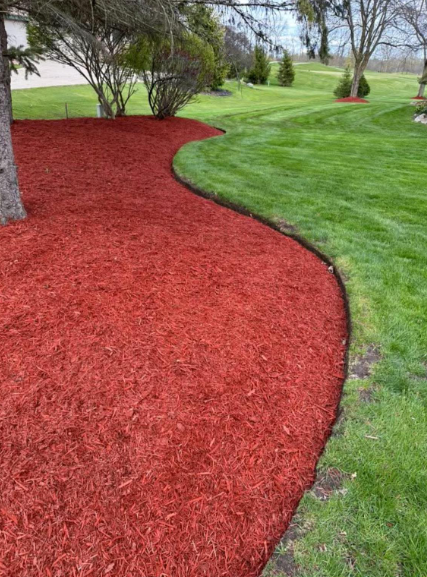 Red mulch bed bordering a green lawn, edged with a curved line; trees in the background.