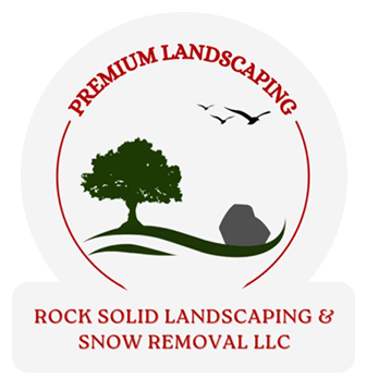 Logo for "Premium Landscaping" featuring a tree, rock, birds, and text "Rock Solid Landscaping & Snow Removal LLC".
