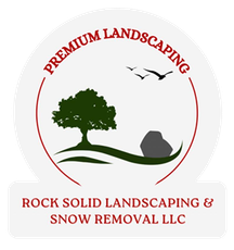 Logo for "Premium Landscaping" featuring a tree, rock, birds, and text "Rock Solid Landscaping & Snow Removal LLC".