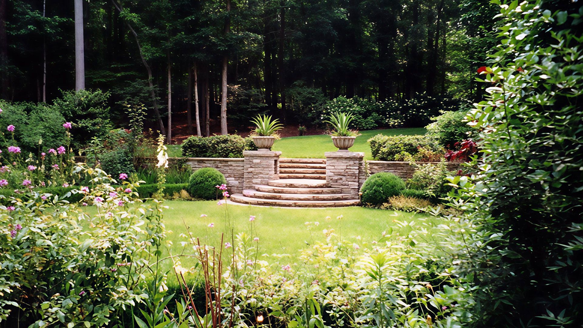 Stone steps lead up to a garden, surrounded by green foliage and trees.