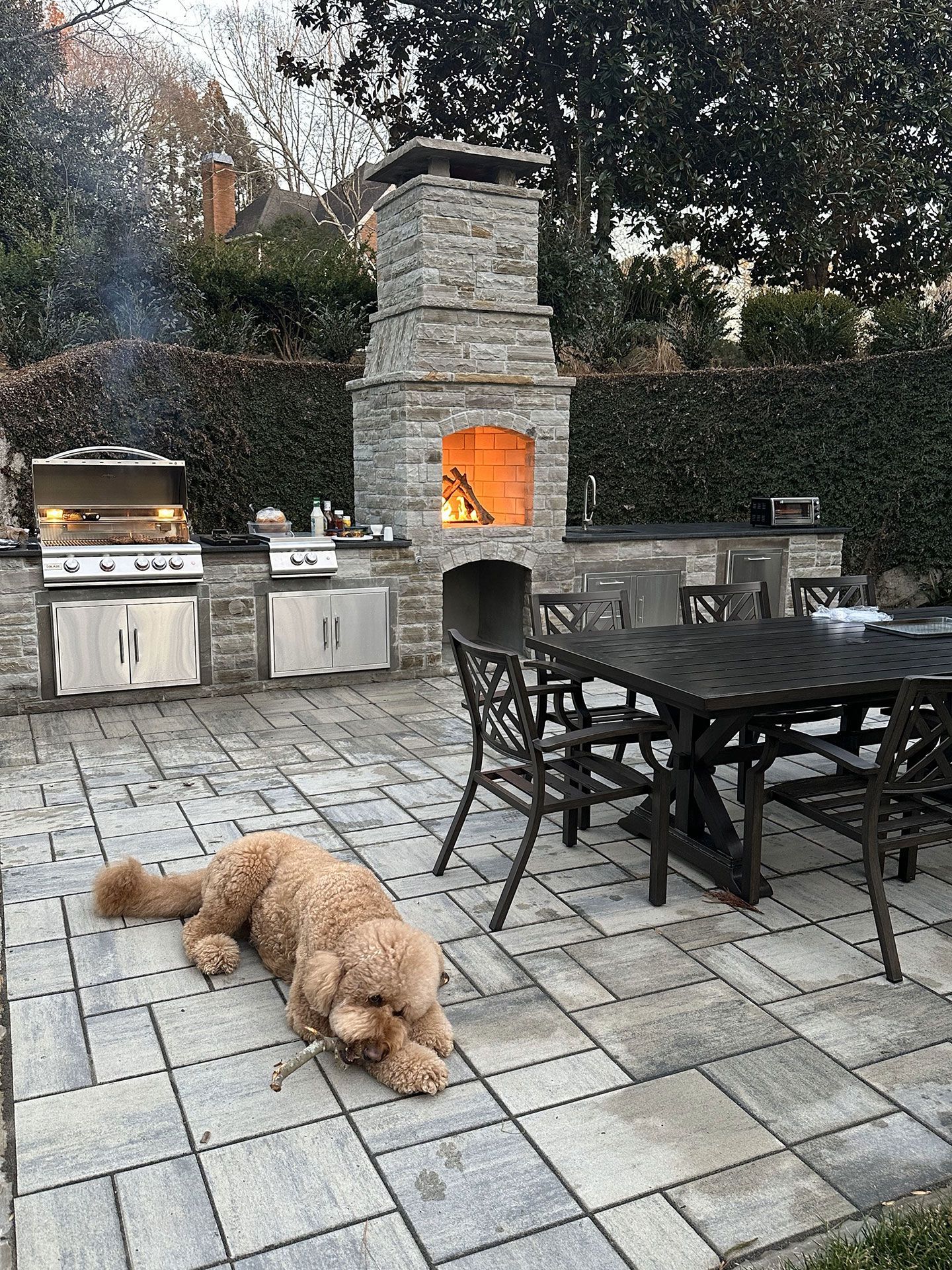 Dog on patio with fireplace, grill, and dark table. Stone structure with lit fireplace.