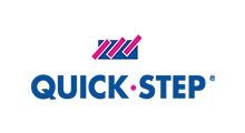 Logo for Quick-Step, with a blue wordmark and an abstract symbol above.
