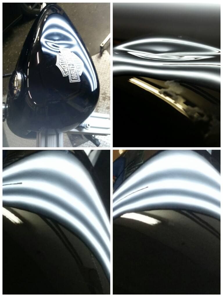 a collage of four pictures of a black motorcycle