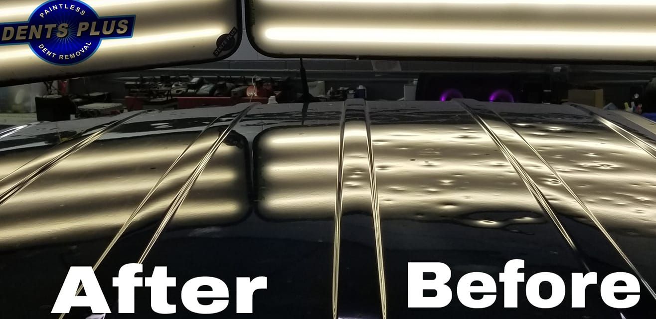 a before and after picture of a car with dents