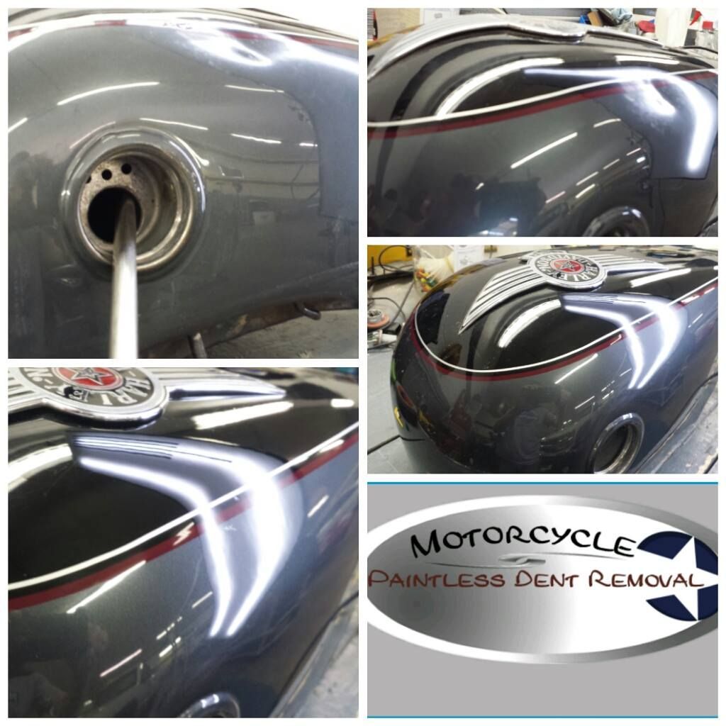 a motorcycle is being restored by motorcycle paintless dent removal