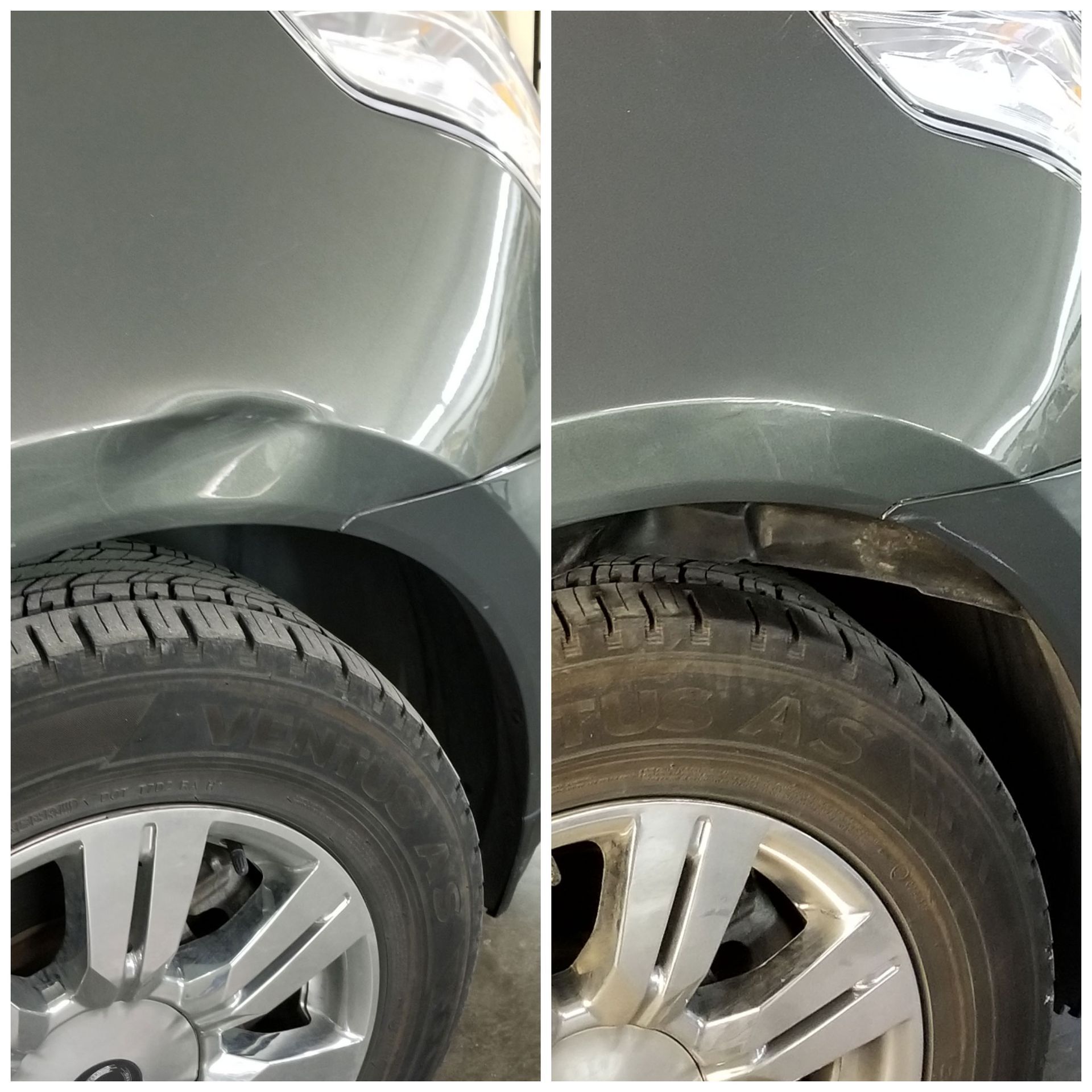 a before and after photo of a car with a dent in the fender