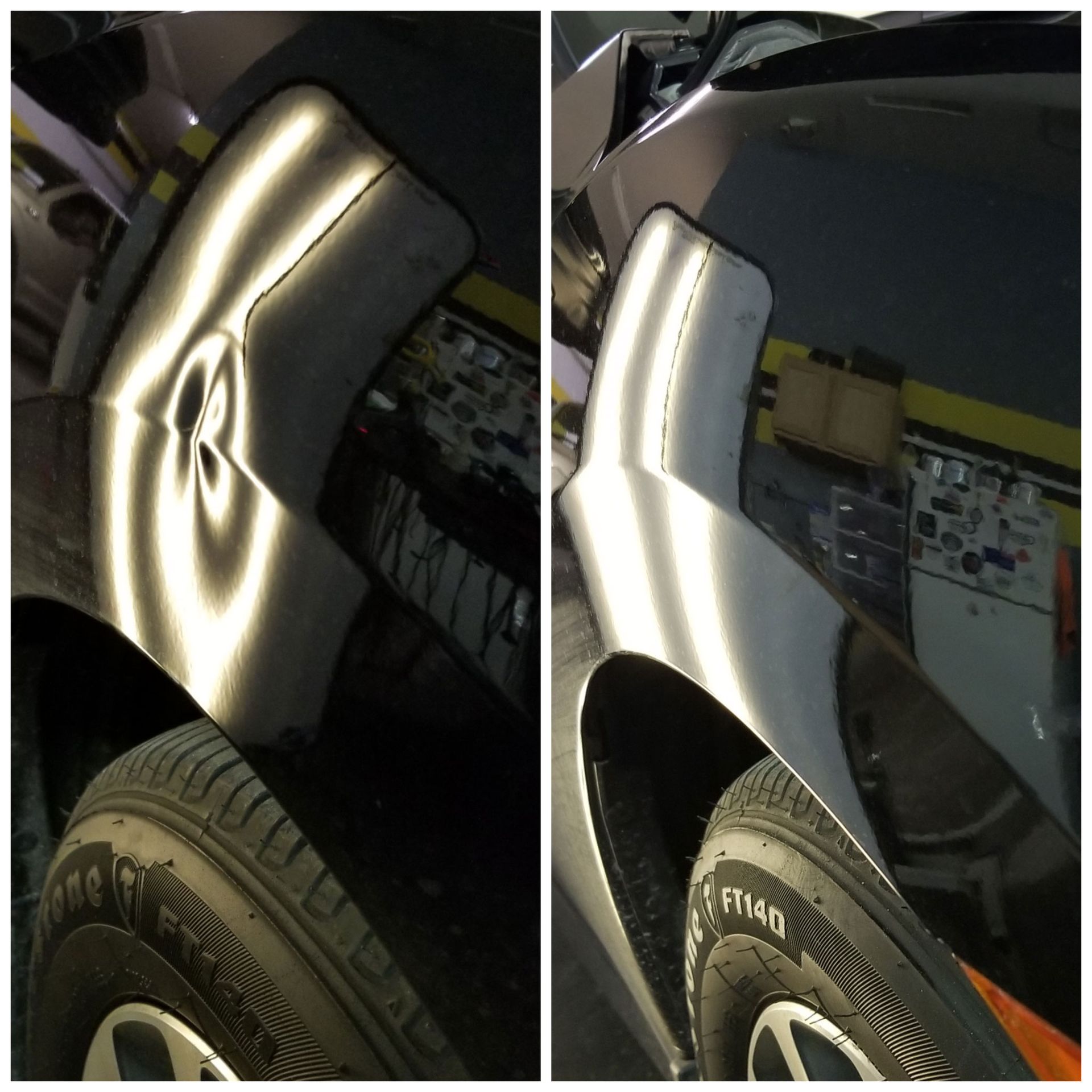 a before and after photo of a car fender