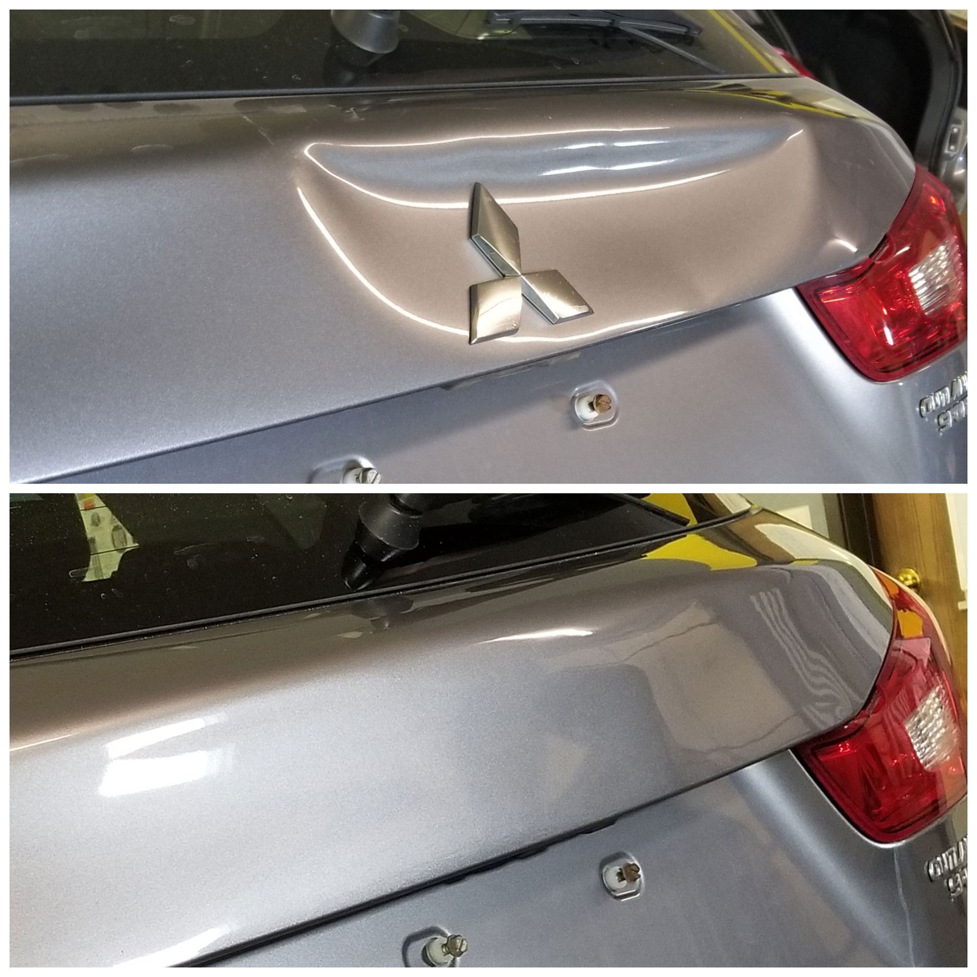 a before and after picture of a car with a dent in the trunk