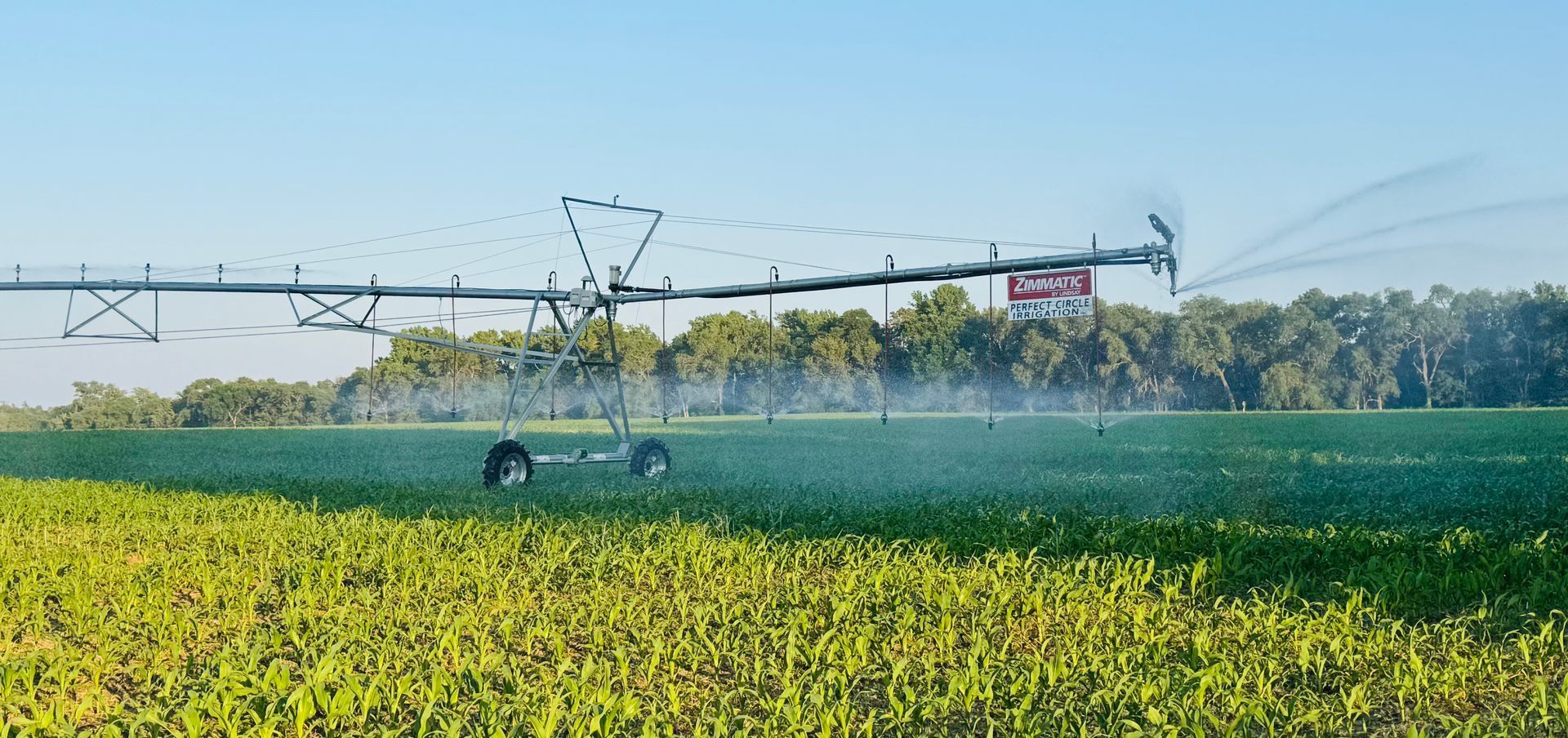 Irrigation system spraying water on a field at sunset; golden light, blue sky. 