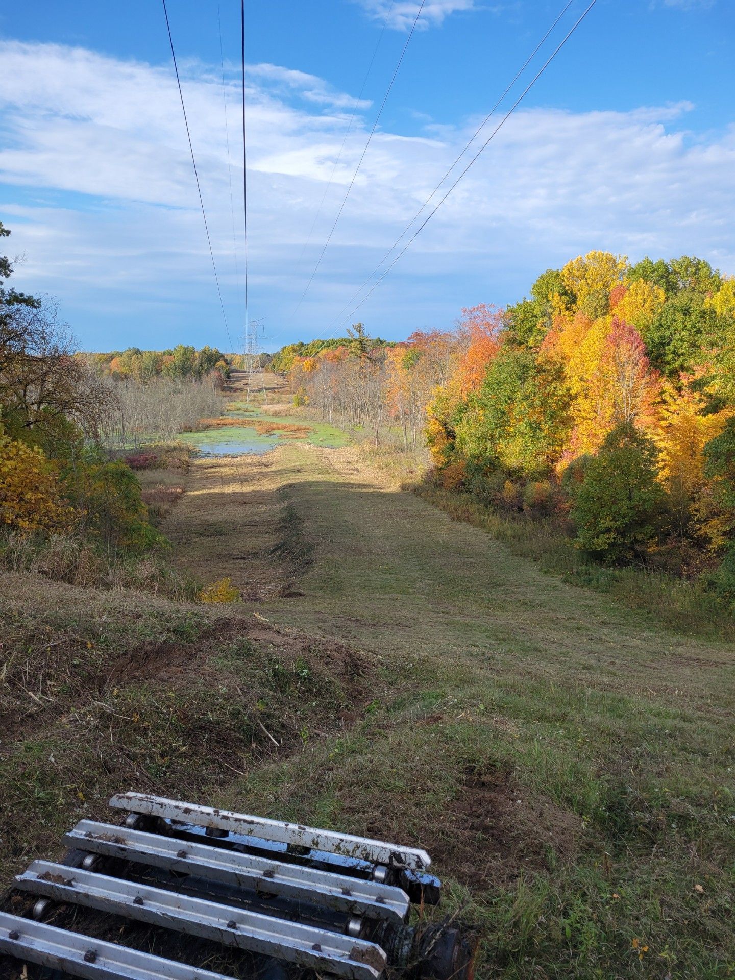 A ski lift is going up a hill in the woods.