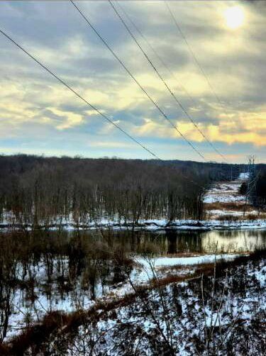 A snowy forest with a river in the background and power lines in the foreground.