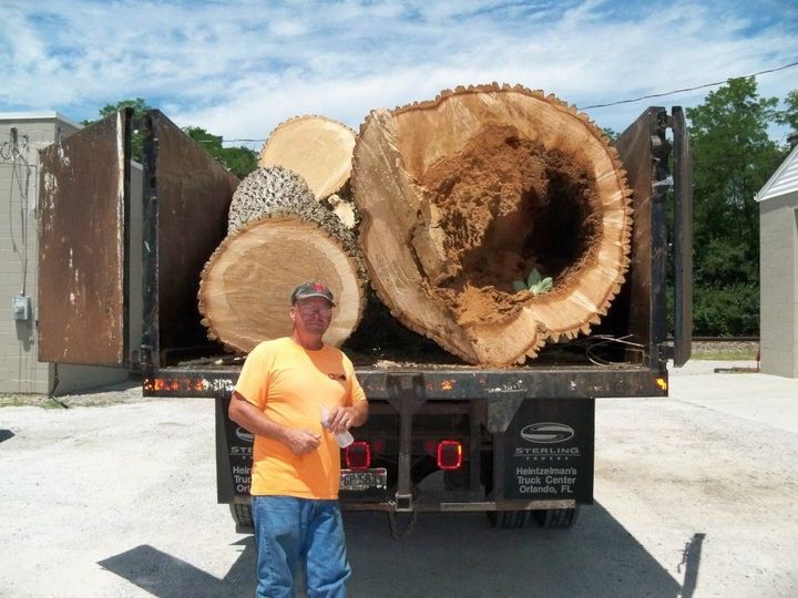 a man in an orange shirt stands in front of a truck full of logs