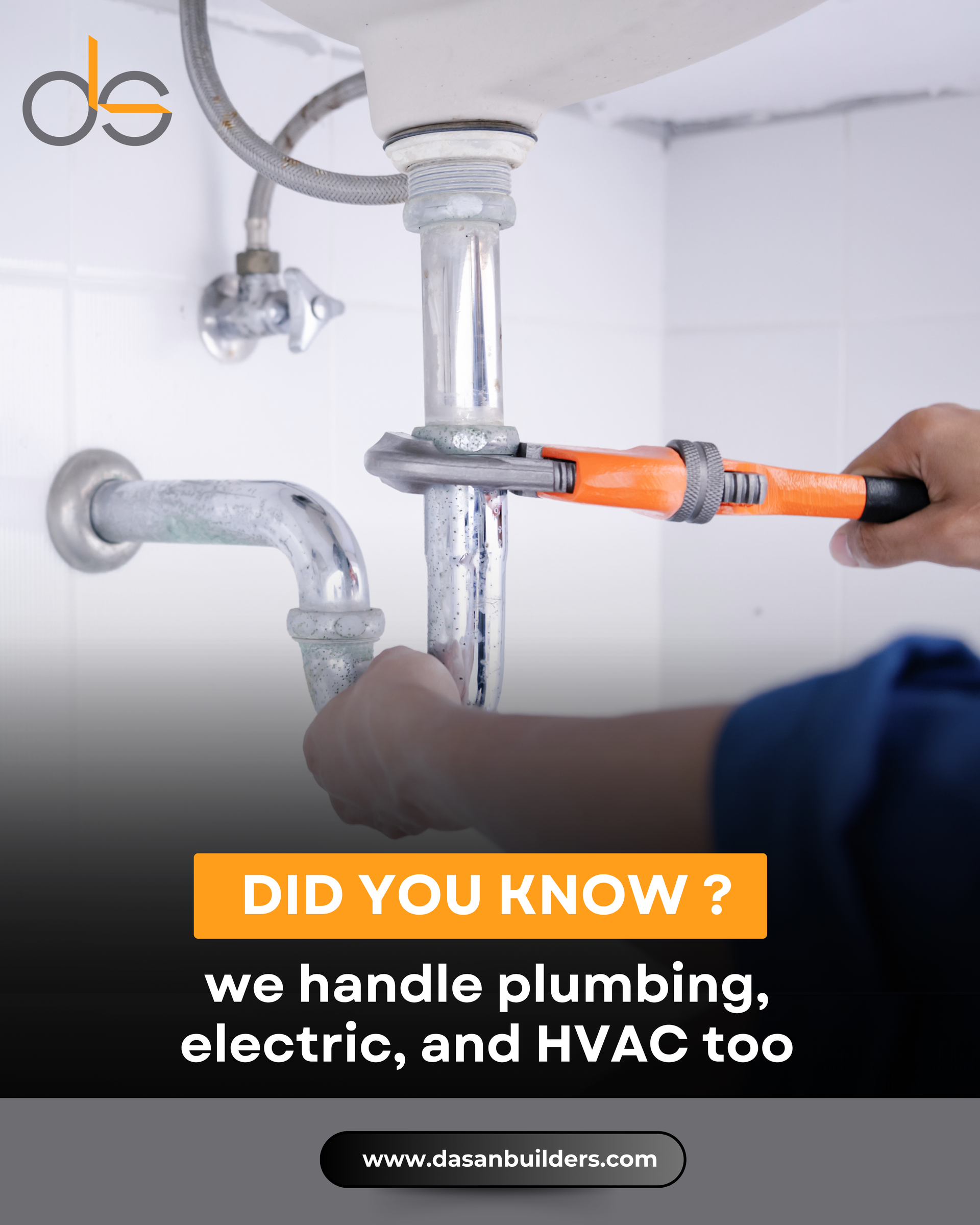 A plumber using a wrench on a pipe under a sink, with text about handling plumbing, electric, and HVAC.