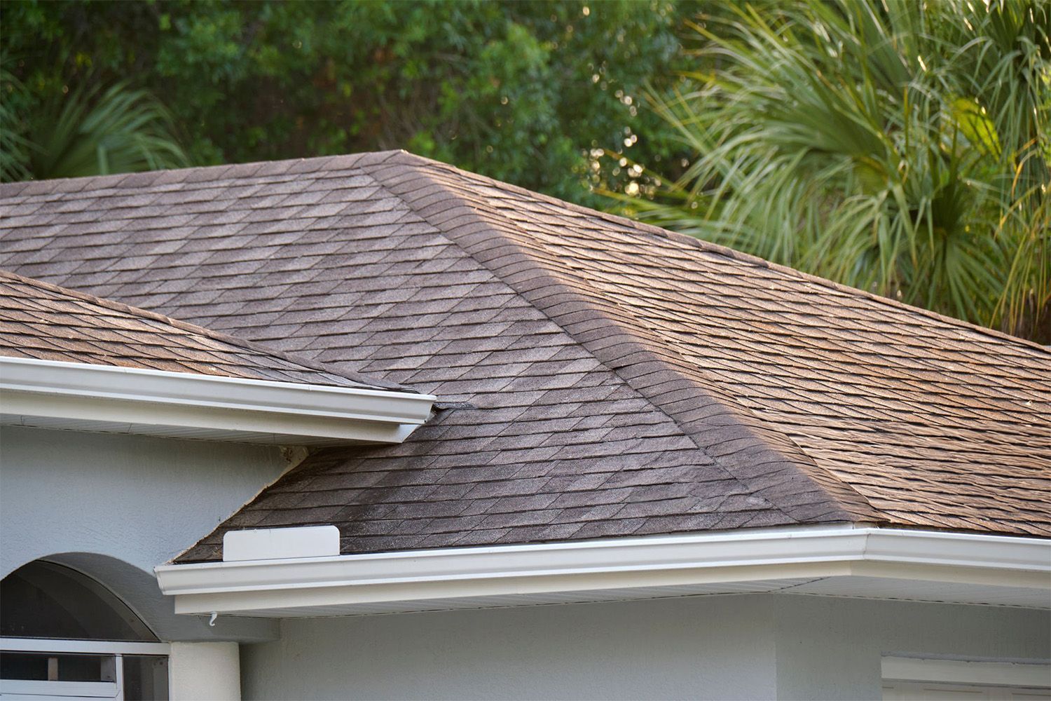 Brown shingle roof of a house with white trim.
