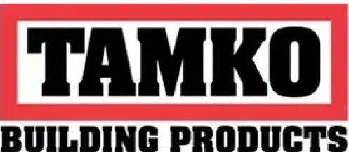 TAMKO logo in black letters inside a red and white rectangle. 