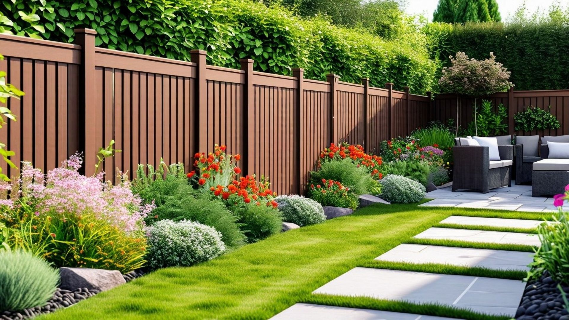 Garden with brown fence, green lawn, flowerbeds, and patio seating.