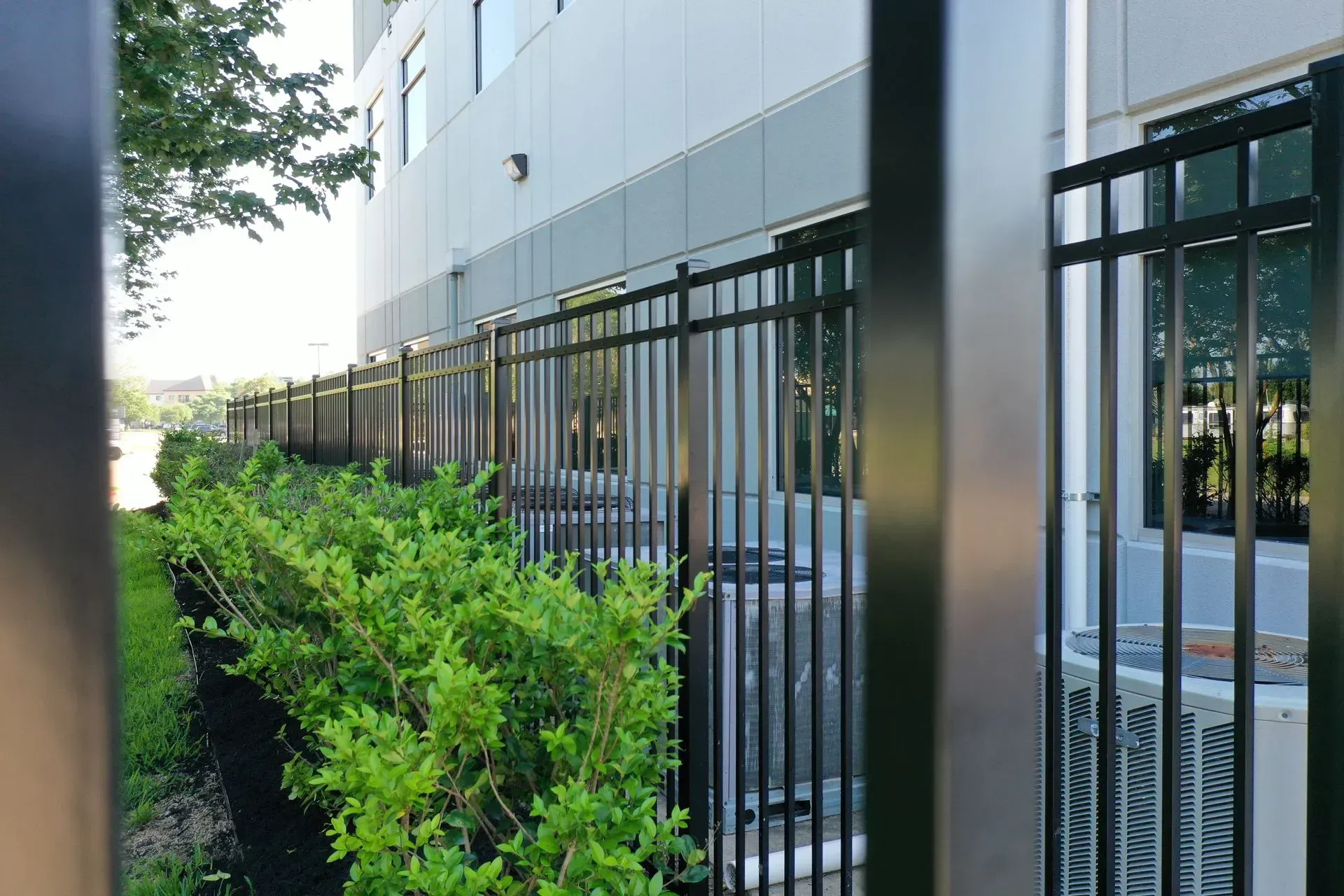 Black metal fence with green bushes in front of a modern building.