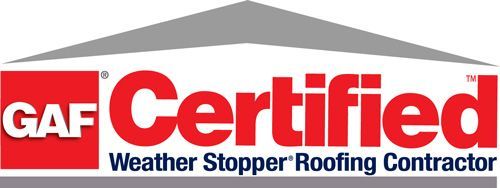 GAF Certified Weather Stopper Roofing Contractor logo. Red, gray and white design.