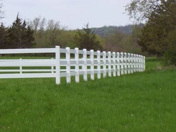 White fence in a grassy field with trees in the background.