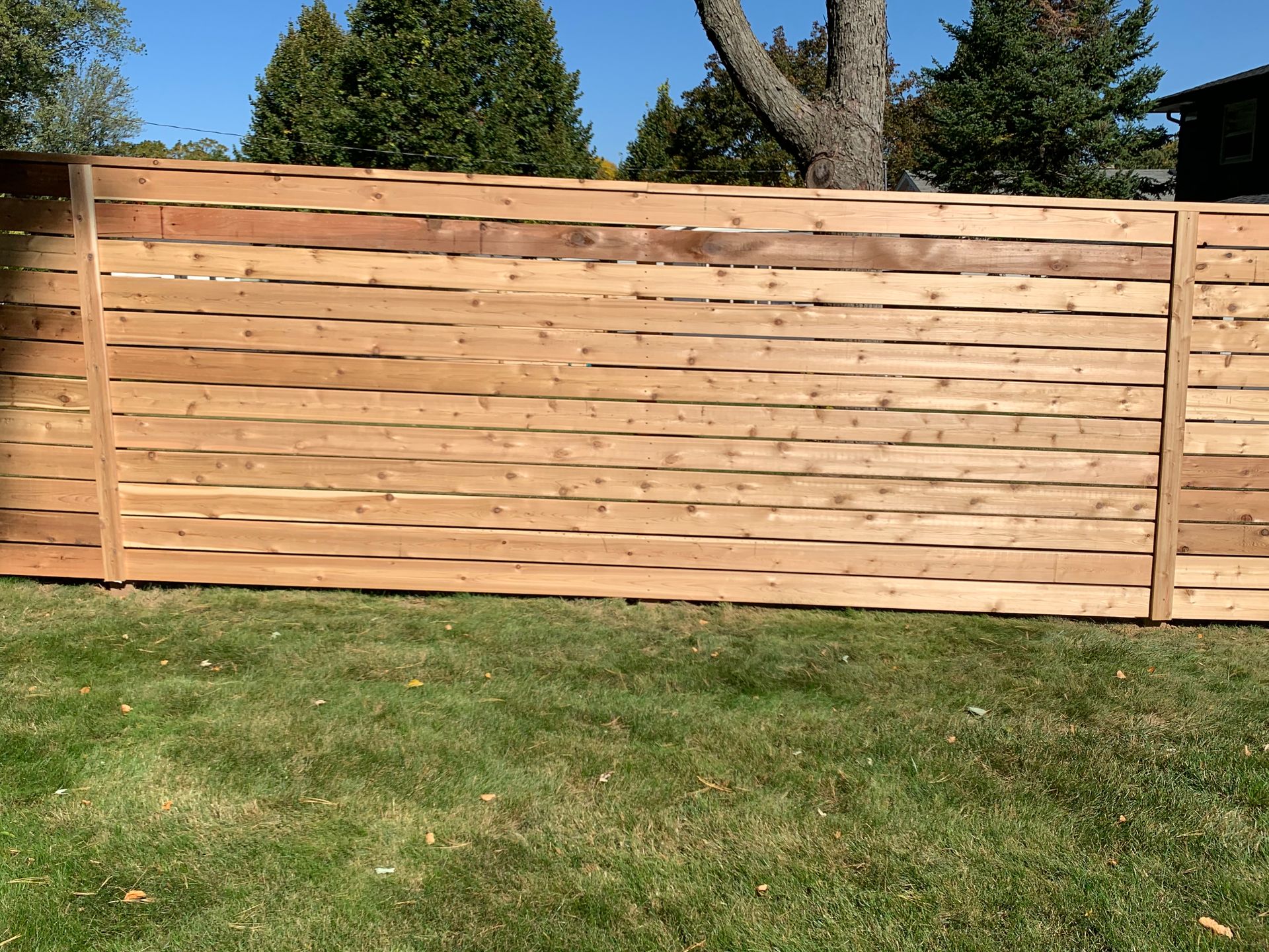 Wooden horizontal slat fence in a grassy yard.