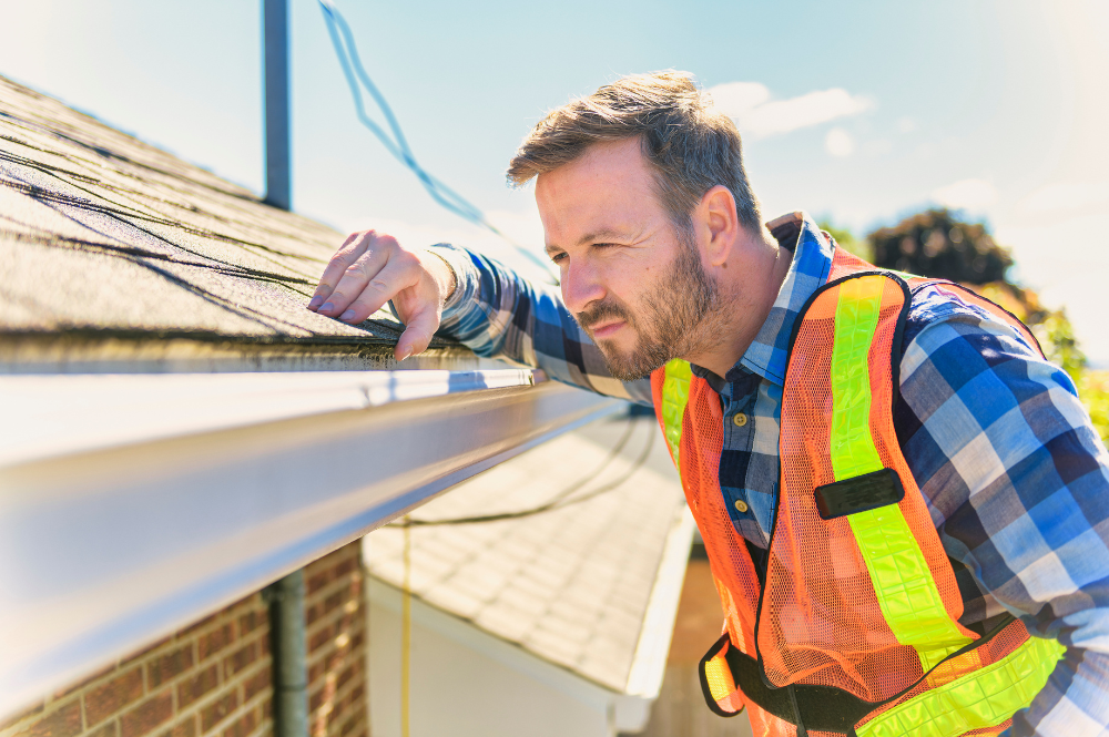  examining house roof during roof inspection.