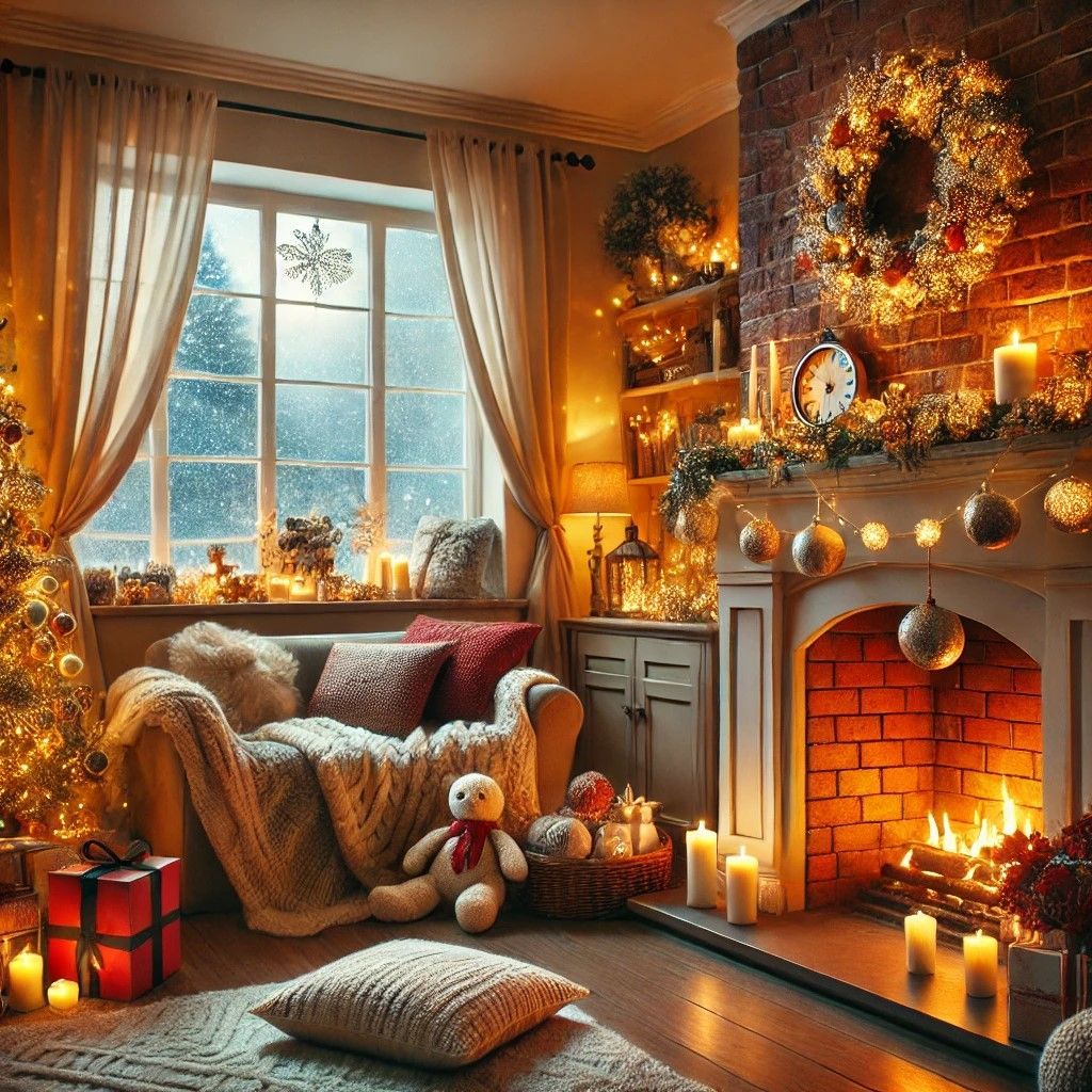 Cozy holiday living room with fireplace, festive decor, and snow visible through the window.