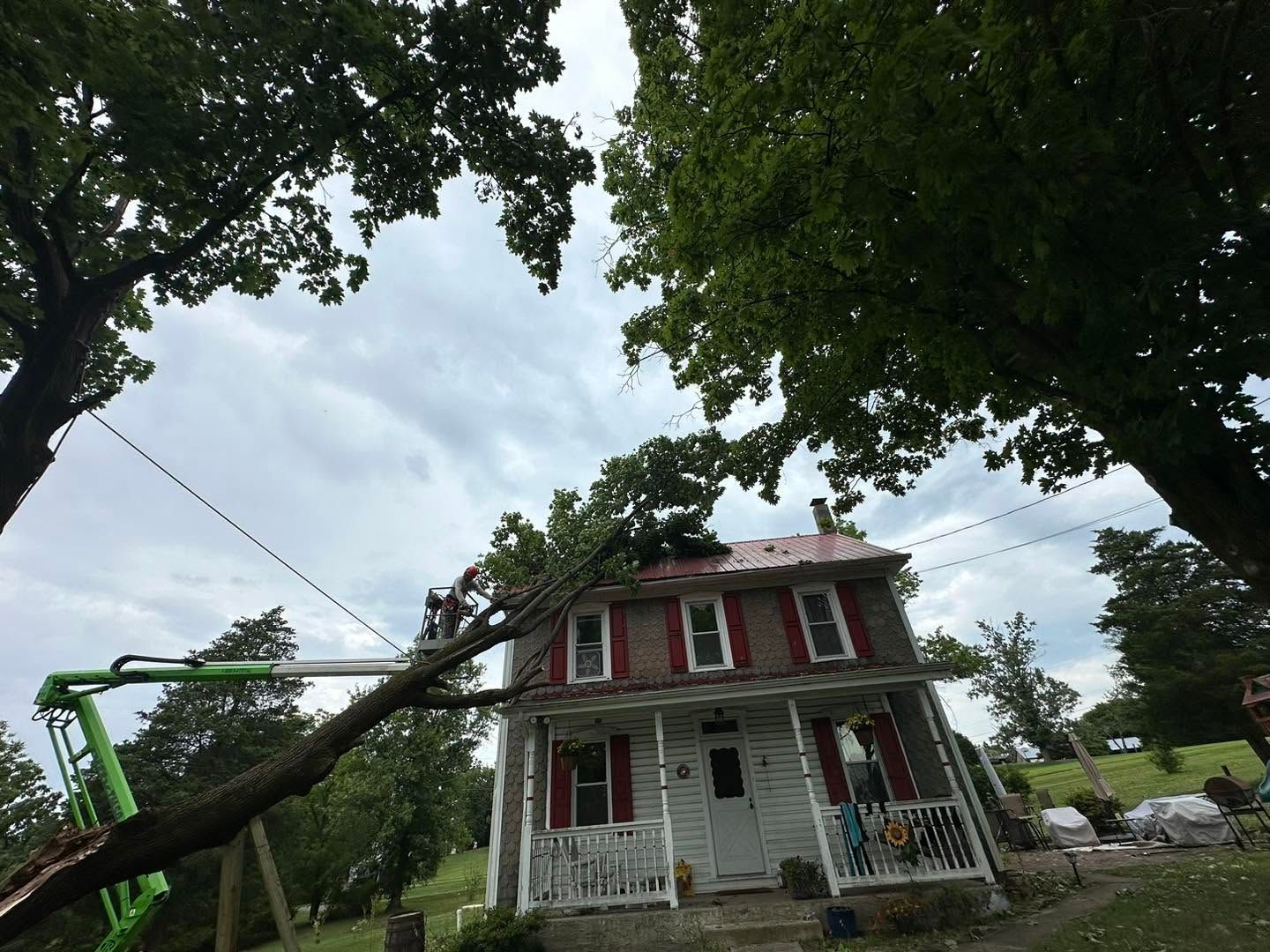 Old white house with red shutters beneath storm-damaged trees on a cloudy day