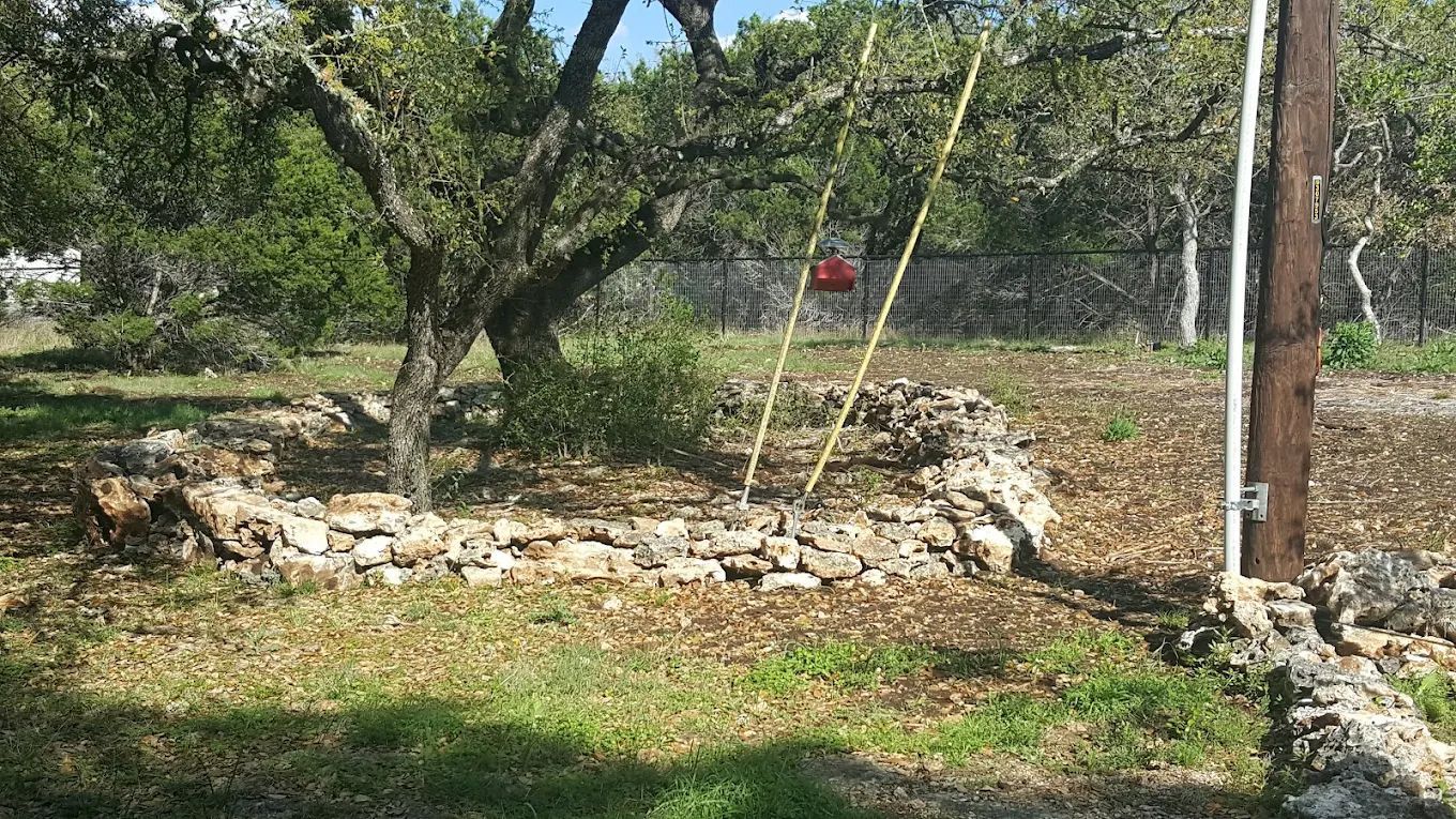A rock-lined garden bed surrounds a tree in a grassy yard. Power lines and a fence are visible.
