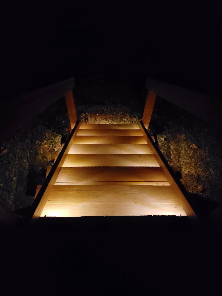 Wooden stairs with built-in lights leading upwards, illuminated in the darkness.