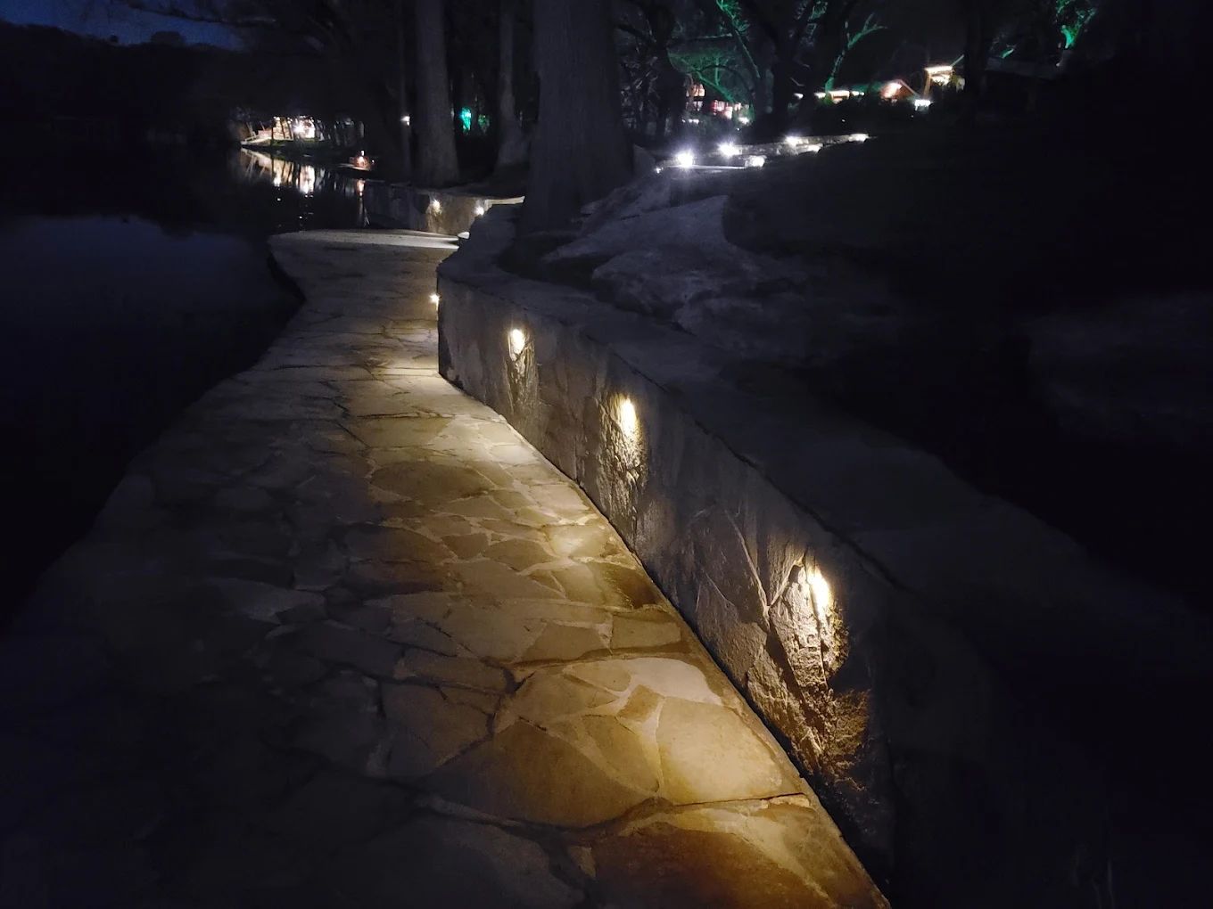Stone pathway illuminated by built-in lights at night, leading through a garden.