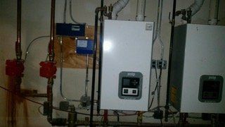 Water heater and boiler in basement with copper pipes and pumps against a wall.