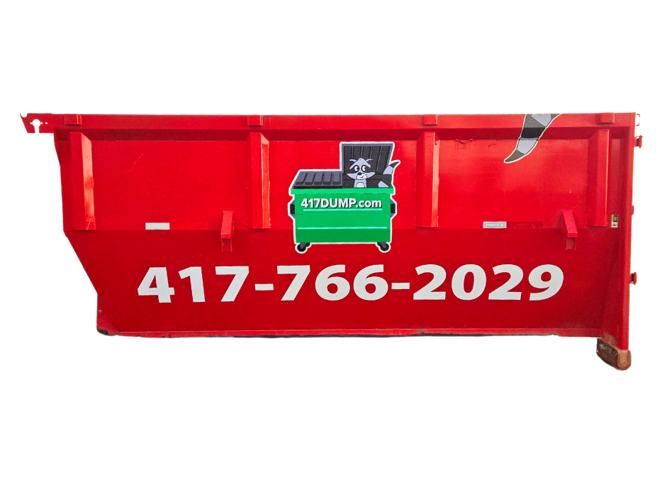 A red dumpster with the phone number on it.